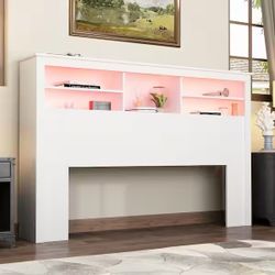Full Queen White Wood Headboard Shelf With 5-Shelves and LED Lights