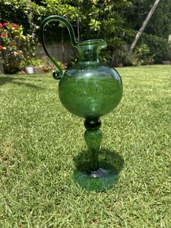 Vintage Antique 1900s Green blown Empoli Glass Jug 