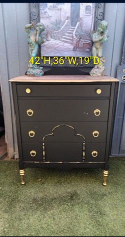 Vintage black chest of 4 drawer wood dresser