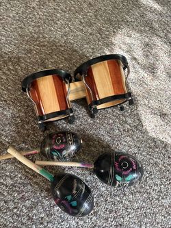 Latin Percussion Set - Small Wood Bongos + 3 Hand-Painted Maracas