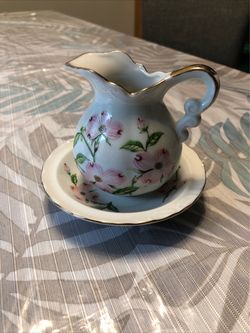 Lefton 3 1/2” Pitcher With Saucer, Pink Flowers