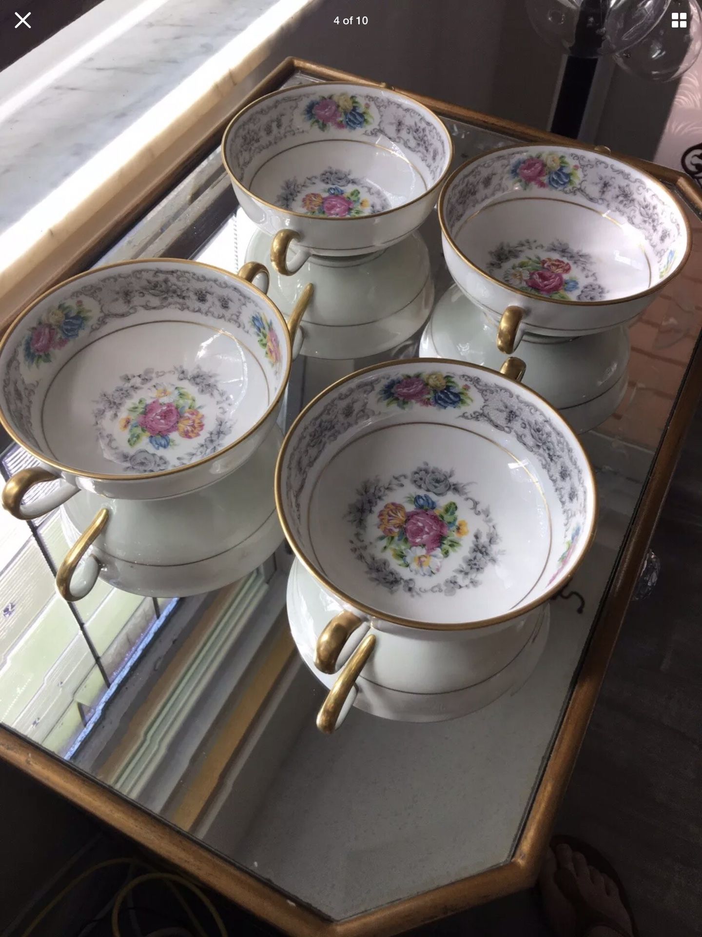 4 Antique French Limoges China Cream Soup/Bouillon Floral bowls!