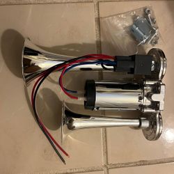 Powerful and loud duo trumpet air horn with compressor attached. Brand New. air horn for cars, truck, rv, atv, motorcycles, campers, boats, golf carts