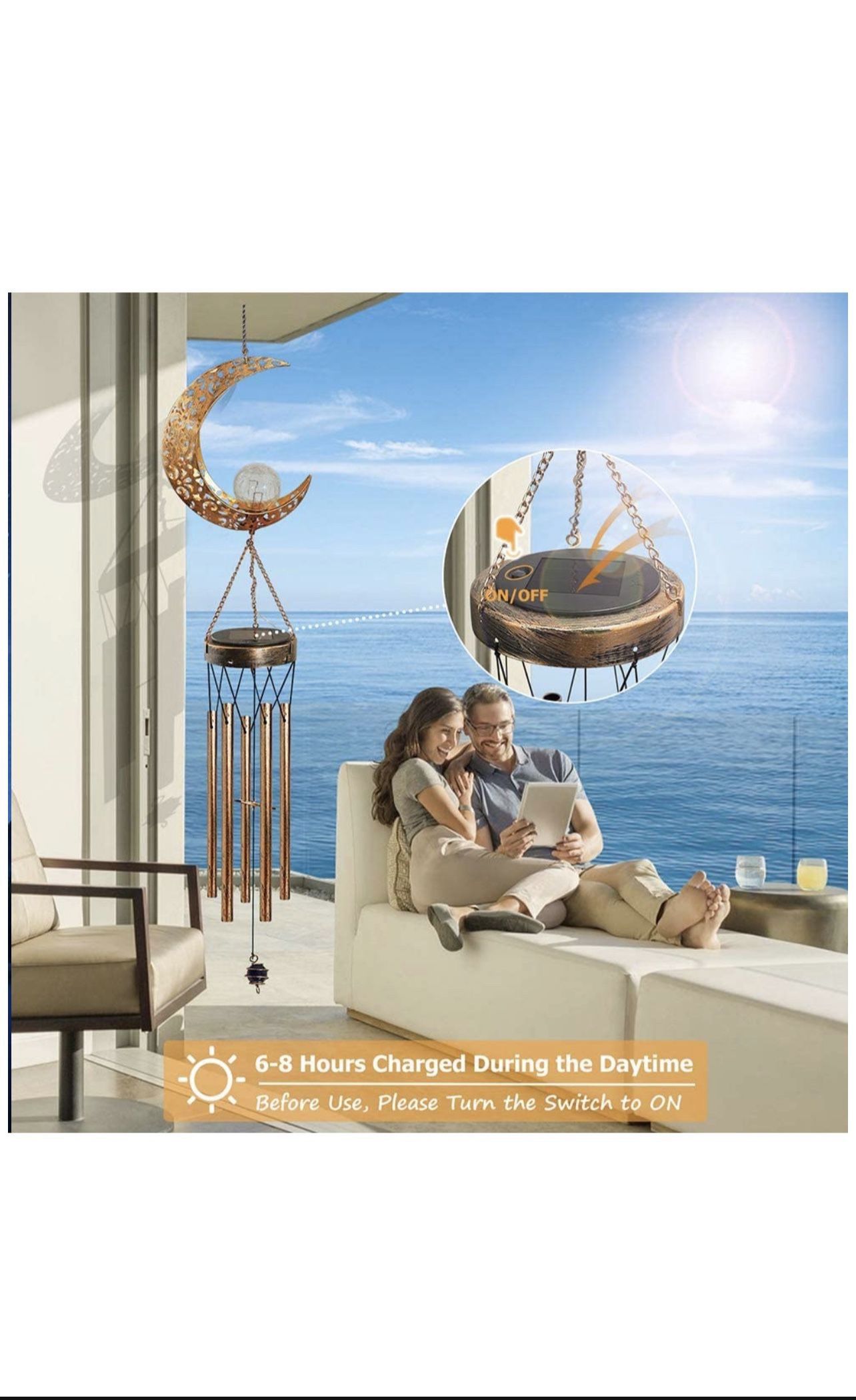 Solar Wind Chimes for Outside, Memorial Wind Chimes with Moon Crackle Glass Ball Warm LED Light, Sympathy Wind Chimes with Metal Tubes Waterproof Uniq