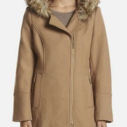 Michael Kors Sz 2 Asymmetrical Zip Coat Camel Tan Wool Jacket Faux Fur Hooded