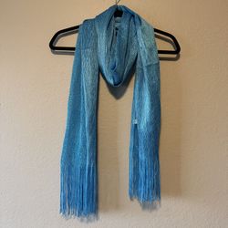 Women Blue Metallic Thread Mesh Like Texture Fringe Ends Scarf Wrap, Size 84x24