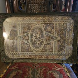 Beautiful Antique Art Deco Brass And Jewel Dresser Tray With Linen & Lace Under Glass ! Circa 1920's! Great Condition! 