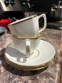 White Porcelain Demitasse Cups & Saucers — Gold Trim (2 cups, 2 saucers)