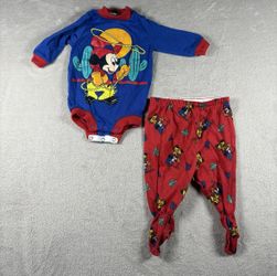 Vintage Mickey Mouse Disney Outfit 6-9 Months Red Blue Pajamas Cowboy 90s#2B