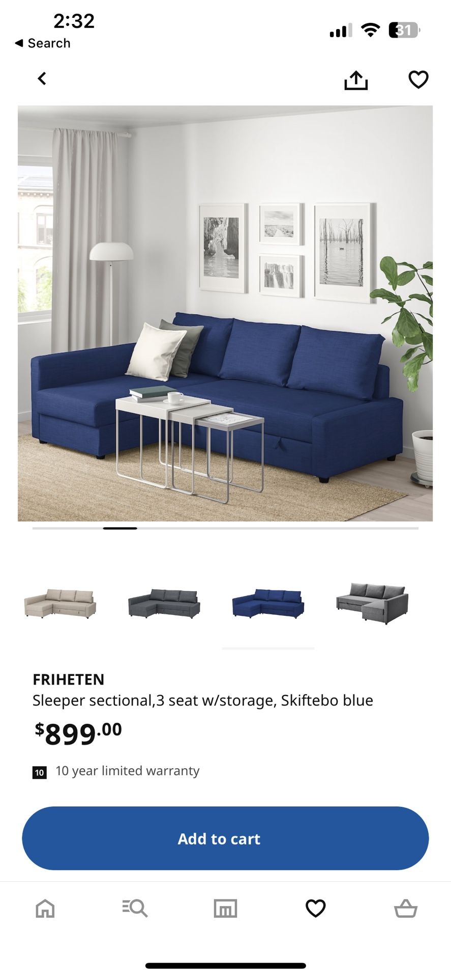 FRIHETEN Sleeper sectional, 3 seat w/storage, Skiftebo blue