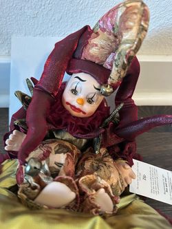 Colorful geppeddo jester clown doll on pillow new in box
