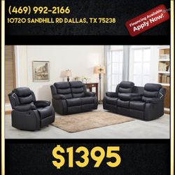 New Black Recliner Sofa Set 3pc - Delivery And Financing Available 