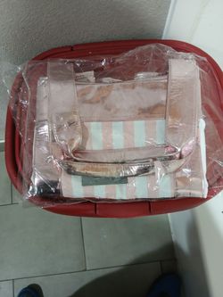 Pink striped and metallic pink Victoria secret tote bag