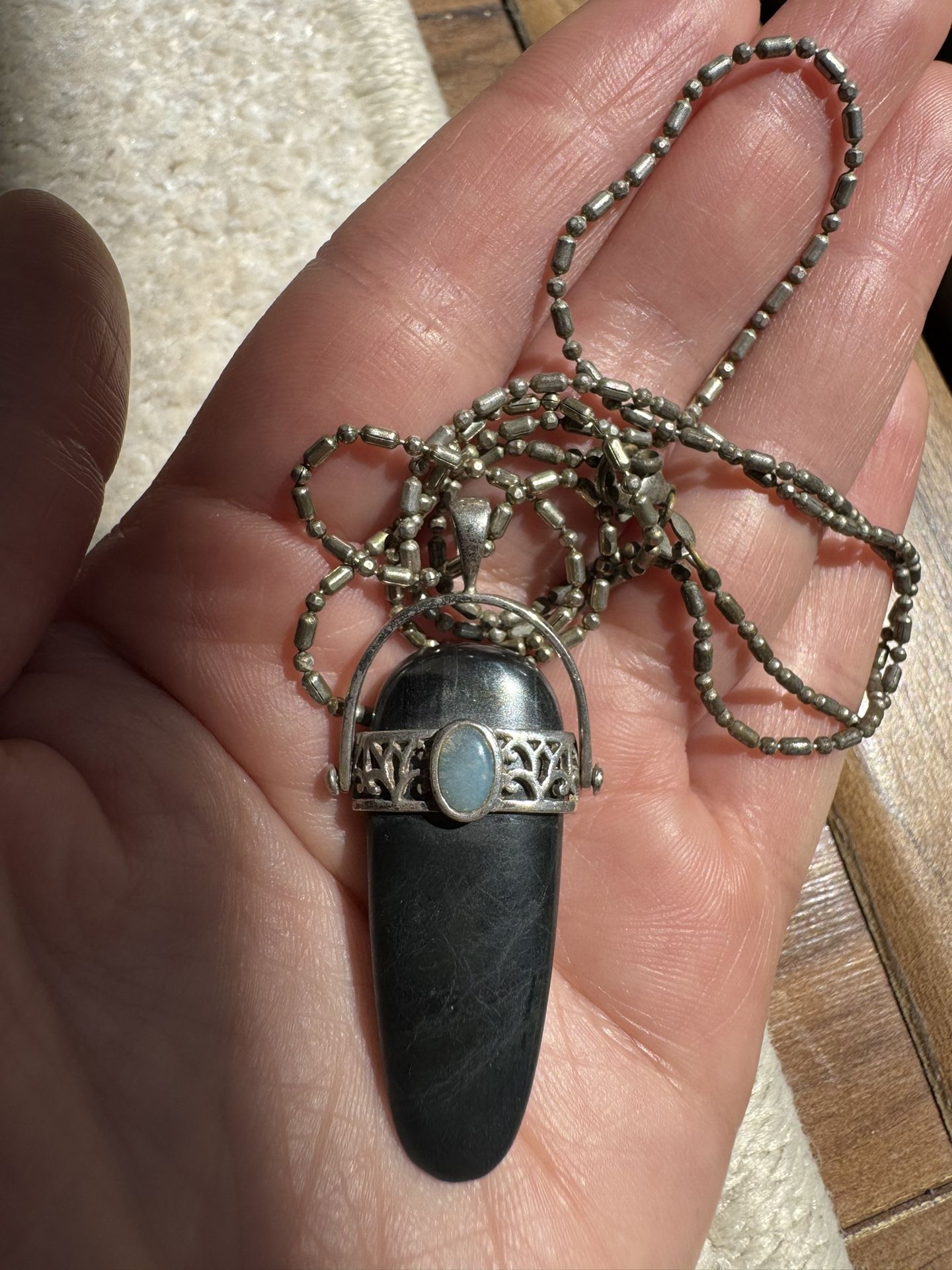 Vintage Style Pendant Necklace with Unknown Black Stone and 925 Chain