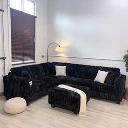 Black Fluffy Sectional Sofa with Matching Ottoman