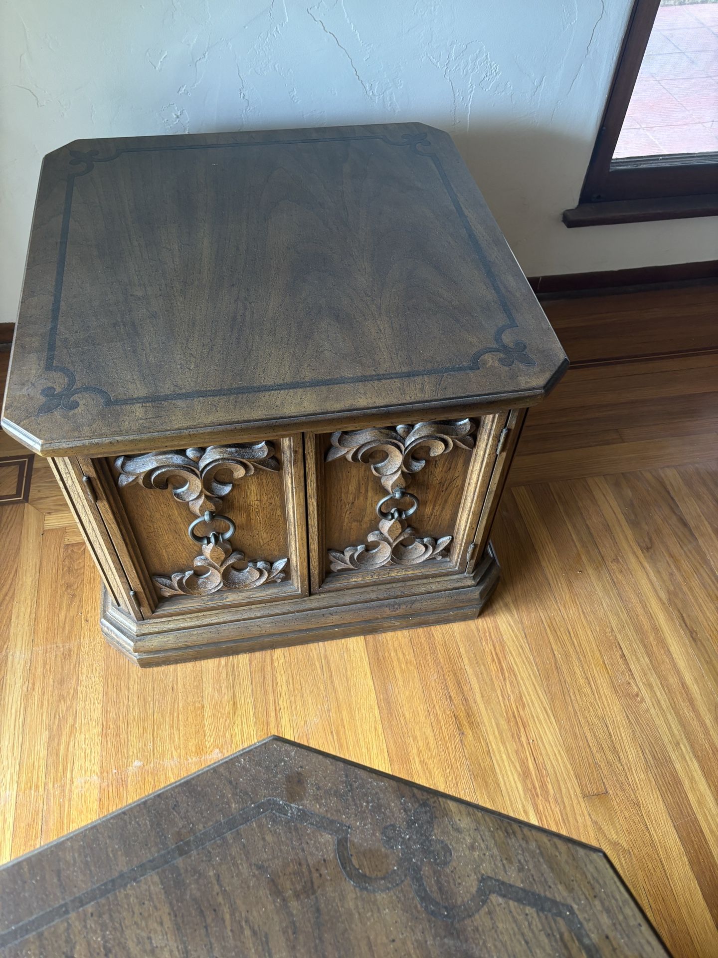 Two Really Nice Mid Century End Tables — All Wood Lots Of Storage Beautiful Inlays