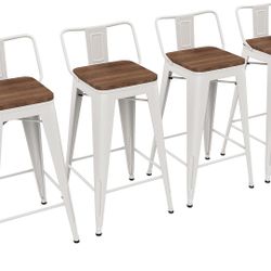 24 inch Barstools Set of 4 Counter Height Bar Stools Farmhouse Kitchen Metal Bar Chairs with Wood Seat Low Back Cream White
