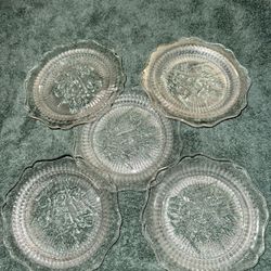 5 Jeanette Iris and Herringbone Clear depression glass dessert plates round 6 in