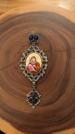 Antique silver Imperial Russian  Orthodox episcopal engolpion (or Panagia) 1800’s Virgin Mary and Christ child, crowned with decorative stones pendant