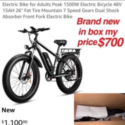 New in box Electric Bike for Adults Peak 1500W Electric Bicycle 48V 15AH 26" Fat Tire Mountain 7 Speed Gears Dual Shock Absorber Front Fork Electric B
