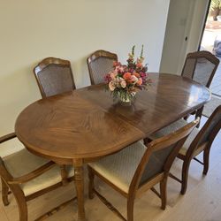 Solid Wood Dining Table with 2 Extensions + 6 Chairs