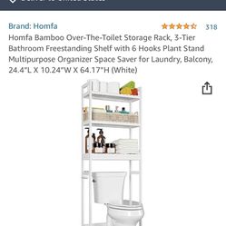 Homfa Bamboo Over-The-Toilet Storage Rack, 3-Tier Bathroom Freestanding Shelf with 6 Hooks Plant Stand Multipurpose Organizer Space Saver for Laundry,