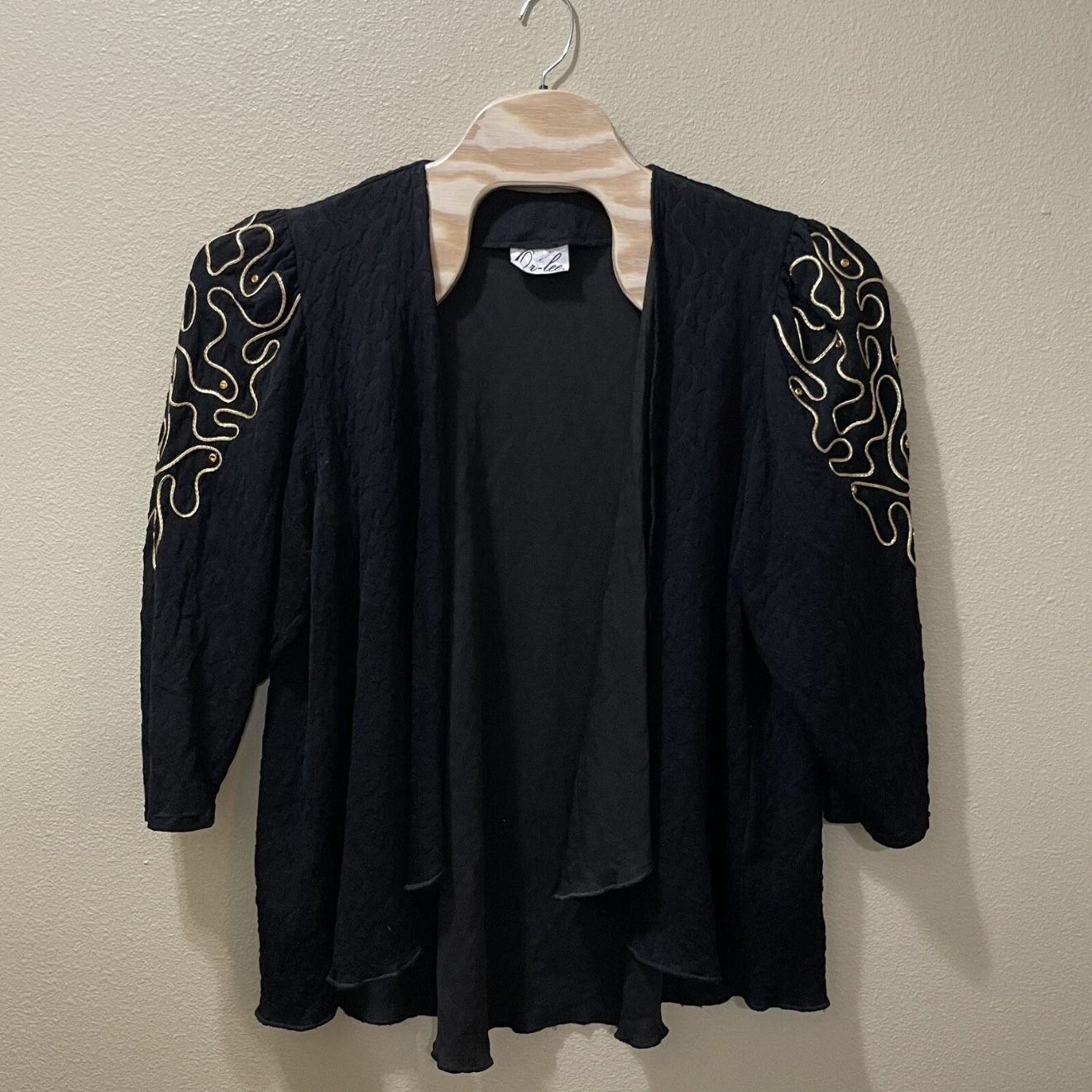 Women's Vintage 80’s Black Gold Or-Lee Textured Open Cardigan with Puff Sleeves