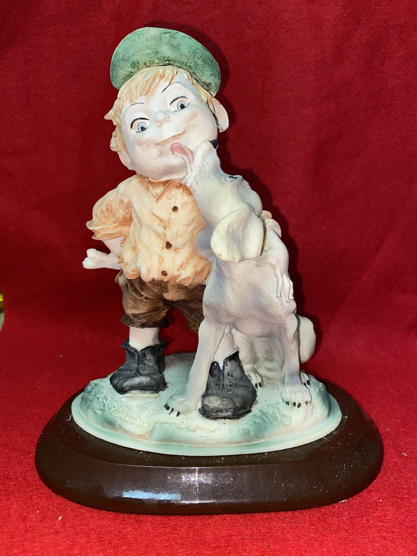 8.5 Inch Painted Alabaster Boy With Dog Statue Imported From Greece