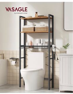 3-Tier Over the Toilet Storage, Adjustable Shelves, Basket, 63''H Bathroom Organizer, Space Saving, 3 Hooks, 9.4 x 23.6 x 63 Inches, Rustic Brown, BAR