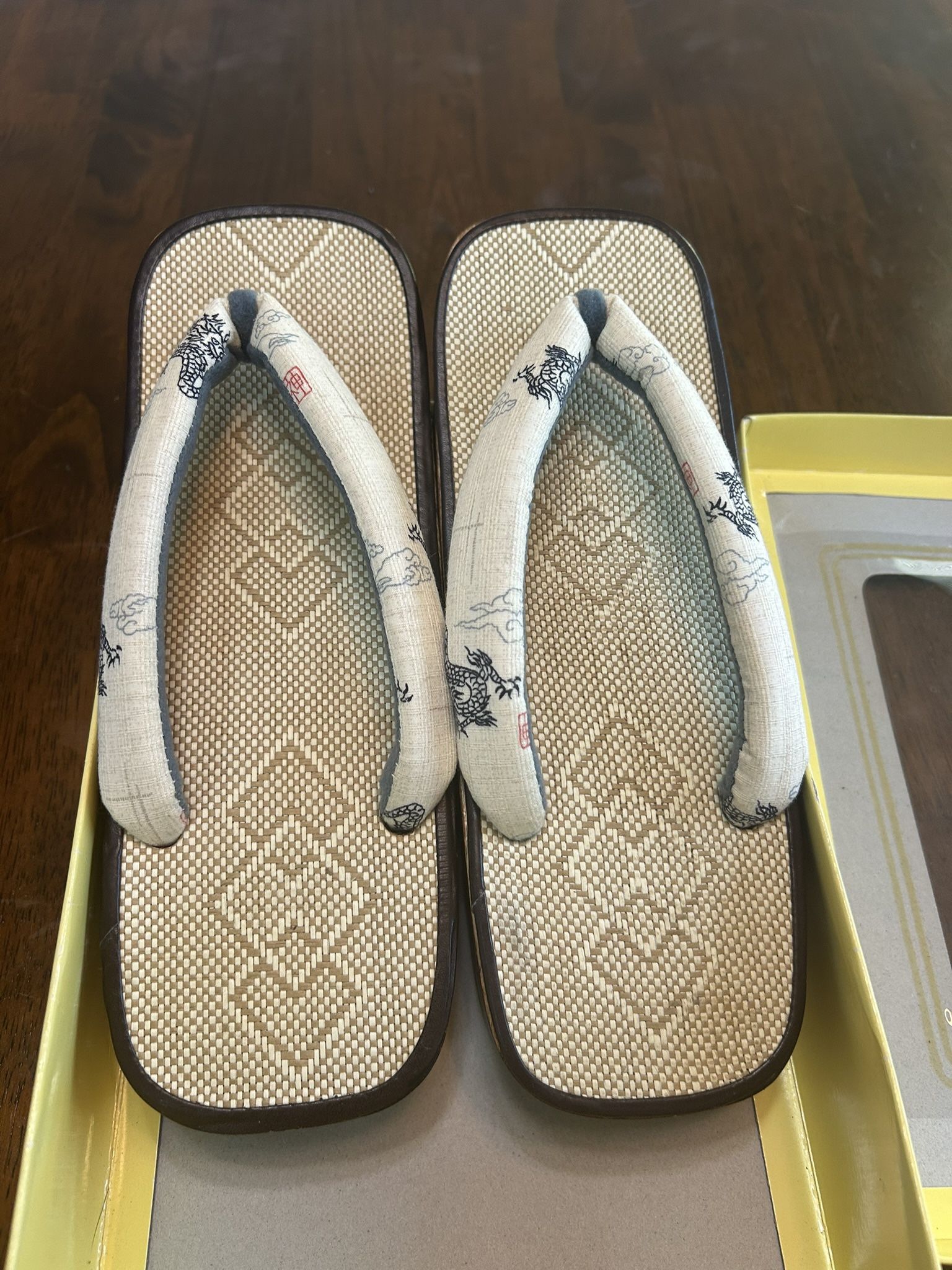 Vintage 1958 Japanese Zori Sandals – Tatami Dragon Design – in Original Box