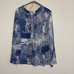 Blue & White Graphic Graffiti Long Sleeve Button Up