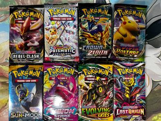 Pokémon TCG Booster Packs - Evolving Skies, Prismatic Evolutions, Fusion Strike, Crown Zenith, Lost Origin, Vivid Voltage, Rebel Clash, and Sun & Moon