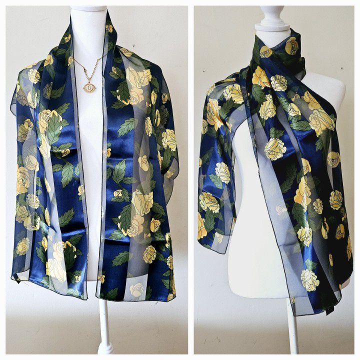 58"×13" Blue Scarf with Yellow Roses Design Pattern Silk Feel 100% Polyester Unisex Scarf. See Through. New without tags! 

Makes a