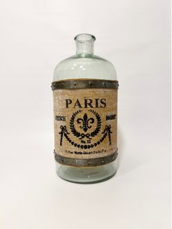 Large Paris Glass Bottle Vase with Burlap & Metal Accents