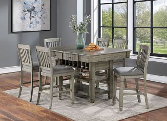 GRAY FINISH 7 PIECE COUNTER HEIGHT DINING TABLE SET WINE STORAGE SHELVES