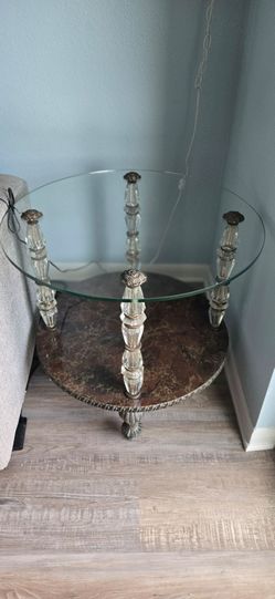 1970's Hollywood Regency Round Glass Top End Table with Marble Base