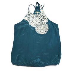Matty M Blue, 100% Soft Silk Halter Neck Tank White Floral Aplique, Size Large