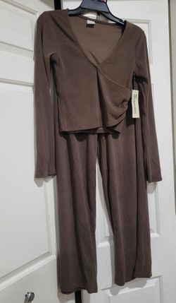 Brown NEW Ribbed Ballet Top & Flare Pants Set, 2 Piece, Women's Small