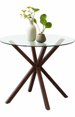 Round Glass Dining Table,34.6" Glass Circle Kitchen Table,Modern Tempered Glass Tabletop Dining Table,Round Dining Table with Metal Cross Base for 4,R