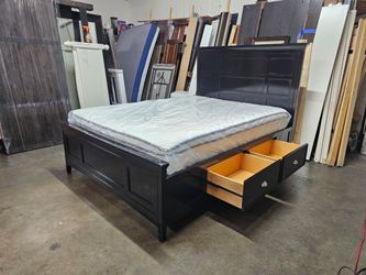 Queen Black Wood Storage Bed Frame with Bookcase Headboard
