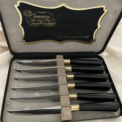 Vintage Set Of 6 Peeredge Steak Knives Made In Sheffield, England, 24 K Gold Plated Accents And Blacklight Handles  