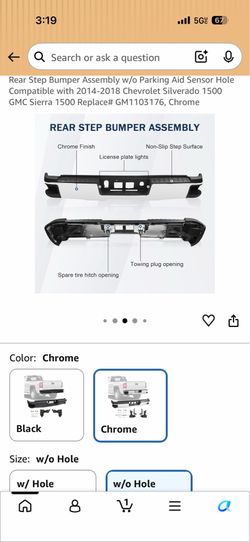 Rear Step Bumper Assembly w/o Parking Aid Sensor Hole Compatible with 2014-2018 Chevrolet Silverado 1500 GMC Sierra 1500 Replace# GM1103176, Chrome