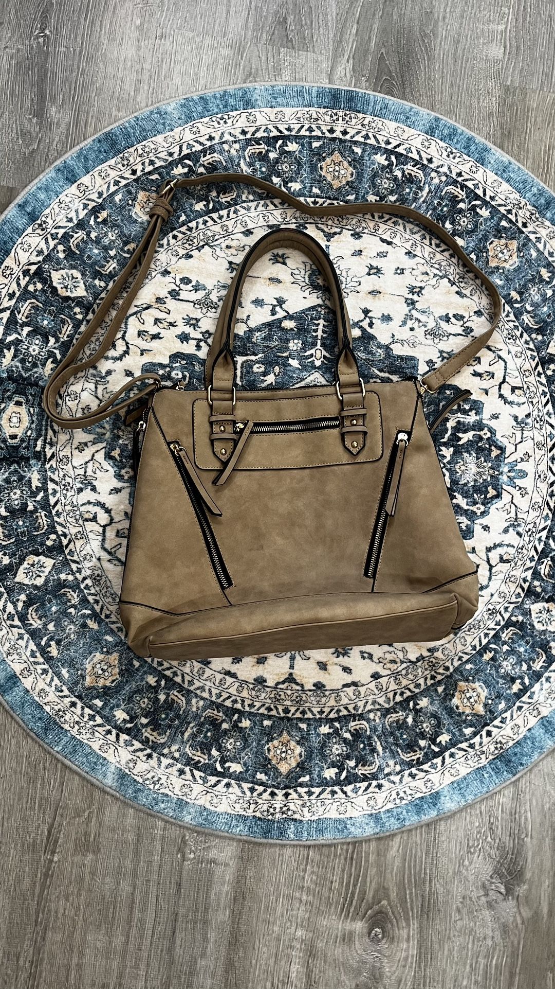 Maurice’s Tan Taupe Faux Suede Large Handle Shoulder Crossbody Bag Gold Hardware