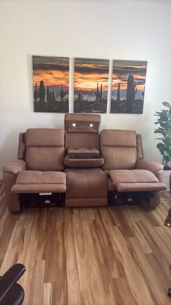 Modern Camel Tan Power Reclining Sofa with Power Headrests