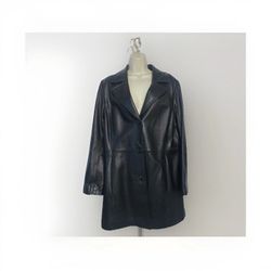 Large Women Black Lamb Leather Jacket Long Sleeve Pocket Button Up V-neck Bgsd 