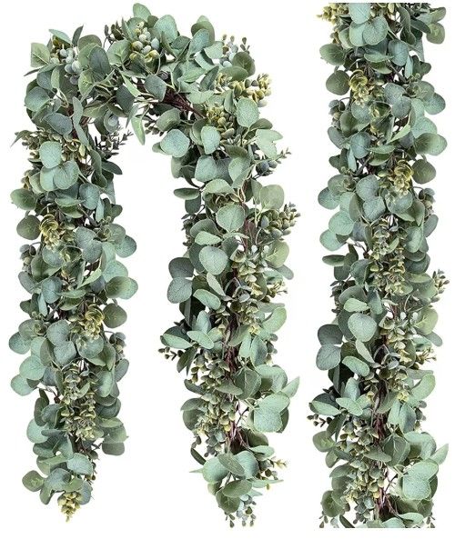 Ouddy Decor 2 Pack Eucalyptus Garland Total 13.1 Ft Lush Silver Dollar Leaves Boxwood Artificial Faux Greenery Vines for Baby Shower Wedding Party Tab