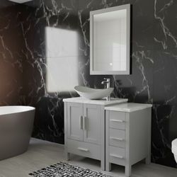 Revamp Your Bathroom! 🛁 Modern 36" Grey Vanity with Quartz Top & Vessel Sink