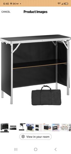 Folding Portable Bar Table, Tradeshow Podium Table for Indoor, Outdoor, Party, Picnic, Exhibition, Includes Carrying Case, Storage Shelf and Black Ski