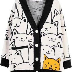 Arssm Cat Sweater For Women Oversized Button Down V Neck Knit Cardigan 