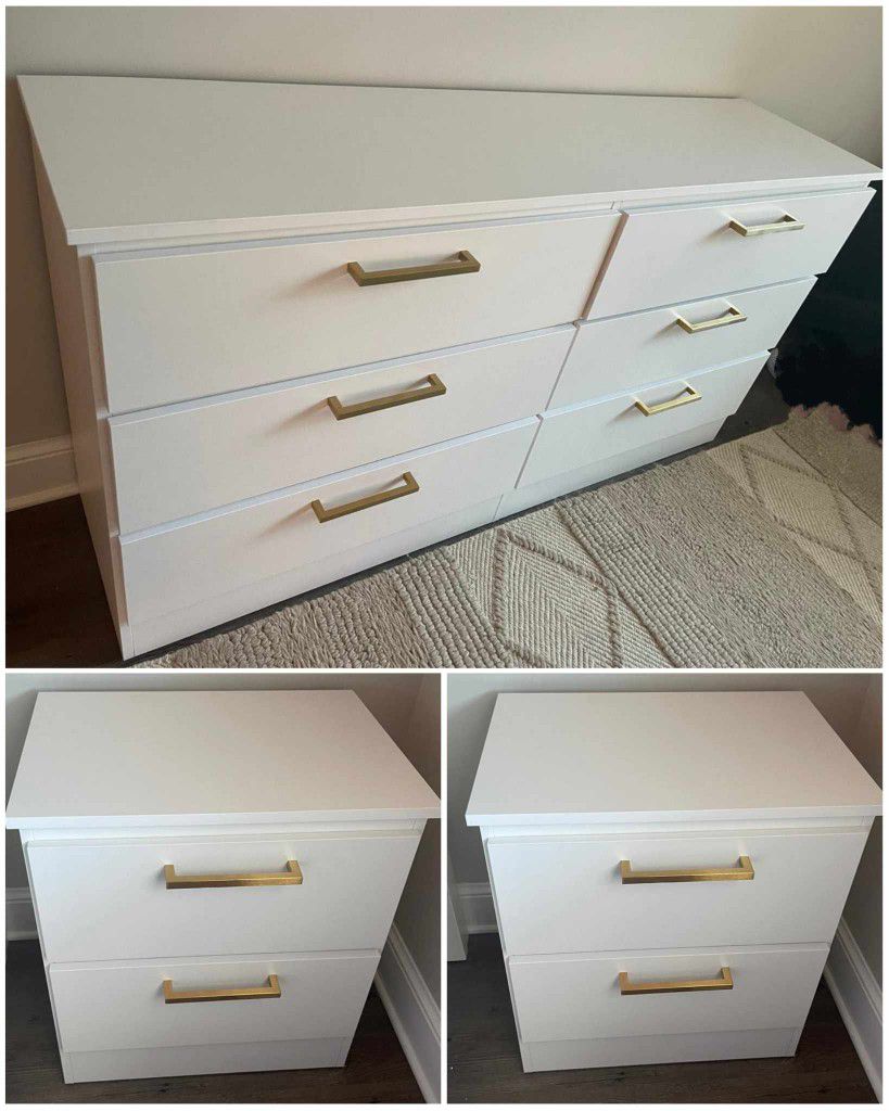 New White Dresser And 2 Nightstands With Golden Handles 